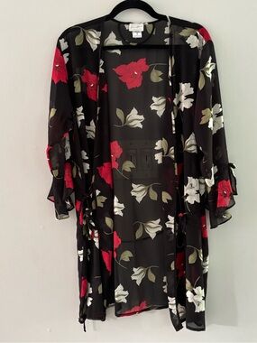 Vintage Linda Lingerie Chiffon Floral Robe Black Red Large
